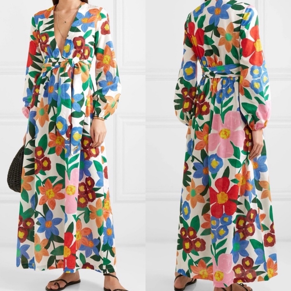 MARA HOFFMAN Luna Plunging Floral Sakura Bloom Maxi Dress Sz L - Picture 1 of 7